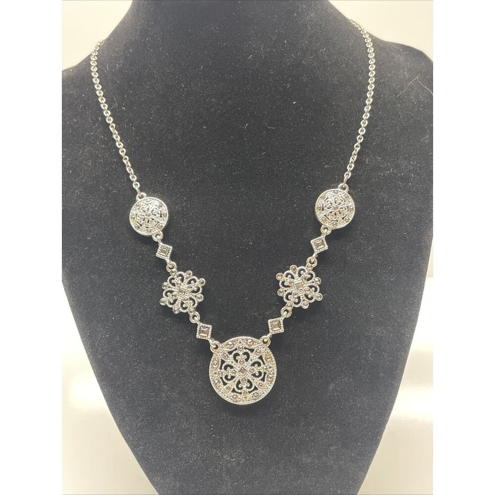 Crown Trifari Filigree 19” Silver Tone Necklace Marcasite Style Adjustable‎ VTG - Picture 2 of 10